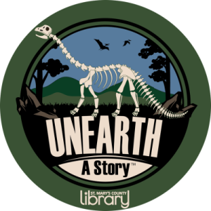 Skeleton of a brontosaurus standing in front of a prehistoric scene with hills, trees, and birds in the sky. 
