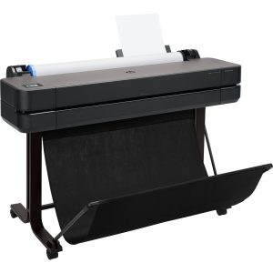 A black large format printer loaded with a roll of paper