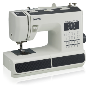 A black and white tabletop Brother ST371HD sewing machine