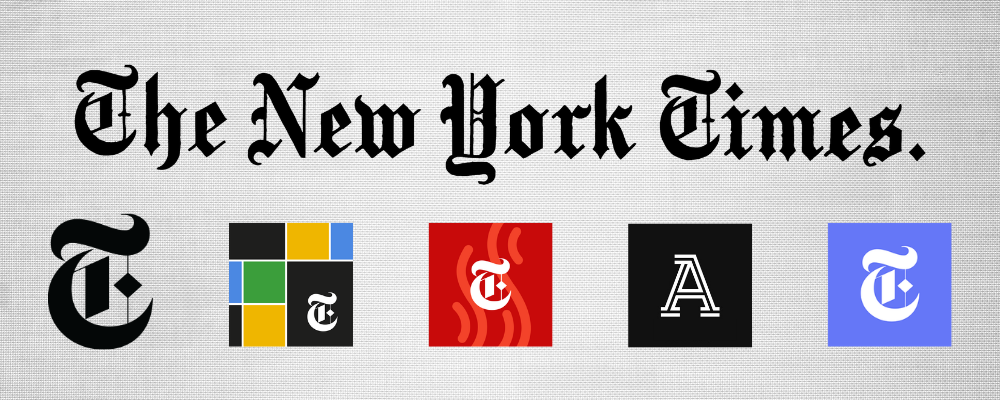 The New York Times with logos for news, games, cooking, the athletic, and wirecutter