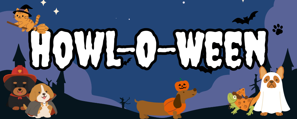 Howl-O-Ween, cartoon images of dogs, cats, and lizards in Halloween costumes