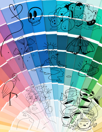 A color coordinated spread of paint swatches covered in different styles of drawings, doodles, and art created using only thin black marker.