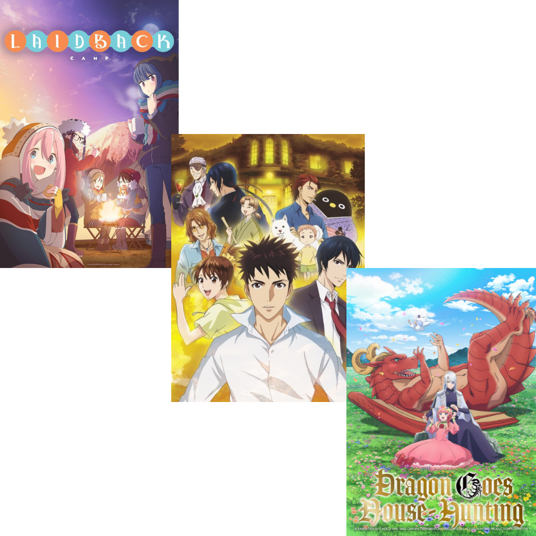 Anime covers of Laid Back Camp, Elegant Yokai Apartment Life, Dragon Goes House Hunting