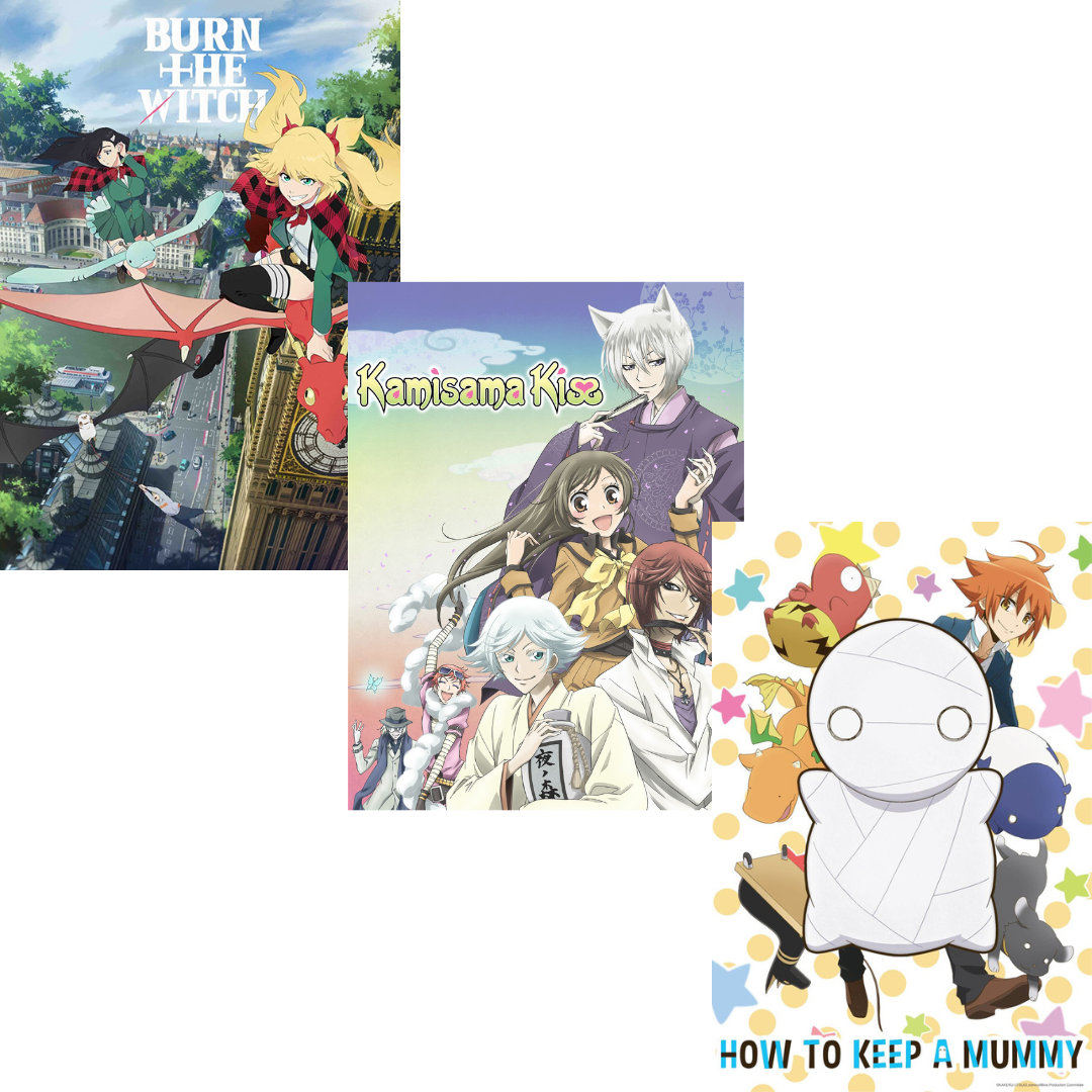 Anime covers of Burn the Witch, Kamisama Hajimemashita, How to Keep a Mummy