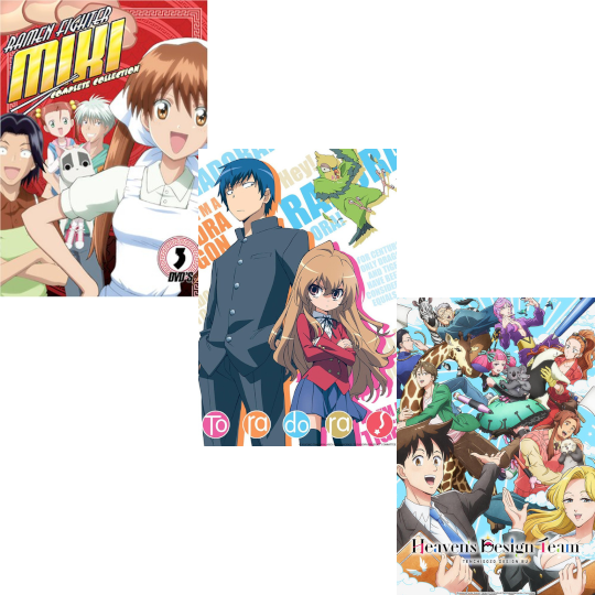 Anime covers of Ramen Fighter Miki, Toradora, and Heaven's Design Team