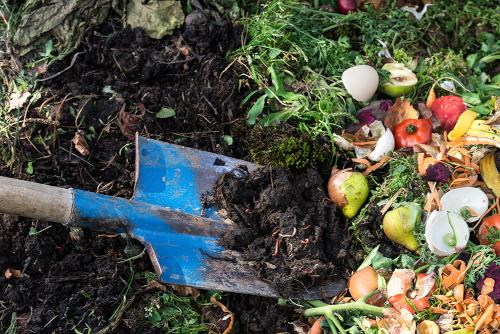 A blue shovel digging into compost material including vegetable scraps and grass