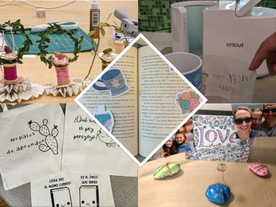 A collage of photos of crafts, including magnetic bookmarks, painted rocks, and a winter mug next to a Cricut mug press