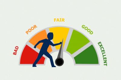 A half circle multicolor gauge going from bad on the left to excellent on the right with the shape of a person moving the gauge towards good