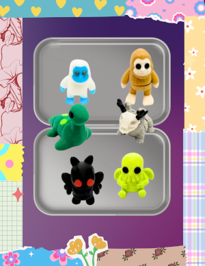 Six 3D printed cryptids sit inside a small tin container: The Loch Ness Monster, Yeti, Bigfoot, Wendigo, Cthulu, and Mothman. The background is a patchwork of fun & colorful patterns.