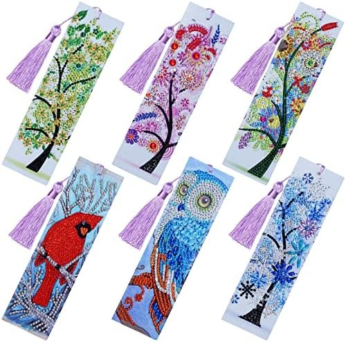 6 bookmarks with various scenes of trees and birds made from colored diamonds