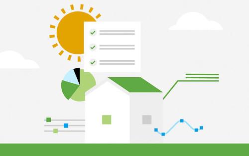 A house with a sun above it and a graph displayed on its side, symbolizing growth and energy efficiency.