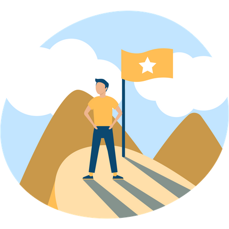 A cartoon man in a yellow shirt and blue pants stands atop a mountain with a yellow flag with a white star