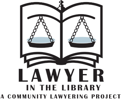 Scales of justice, Text reads: Lawyer in the Library, A Community Lawyering Project
