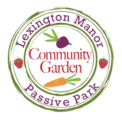 Lexington Manor Passive Park Community Garden logo, with two strawberries, a beet, and a carrot