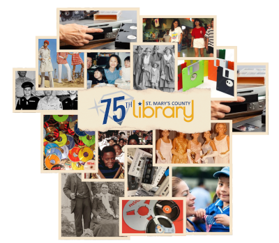 A photo collage featuring black and white and color photos of people, movie reels, CDs, floppy disks, and more with the St. Mary's County Library 75th logo at the center
