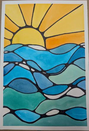 Color blocks in the shape of the sun rising over waves