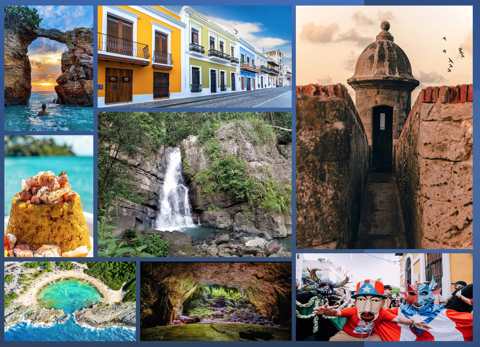 A collage of photos from Puerto Rico, including a waterfall, a church, rowhouses, and a lagoon