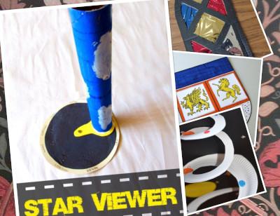 A collage of crafts including a star viewer, a stained glass window, two lion heralds, and a paper plate cut into a spiral
