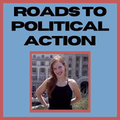 Roads to Political Action. Photo of a woman with long red hair wearing a black tank top in front of a building