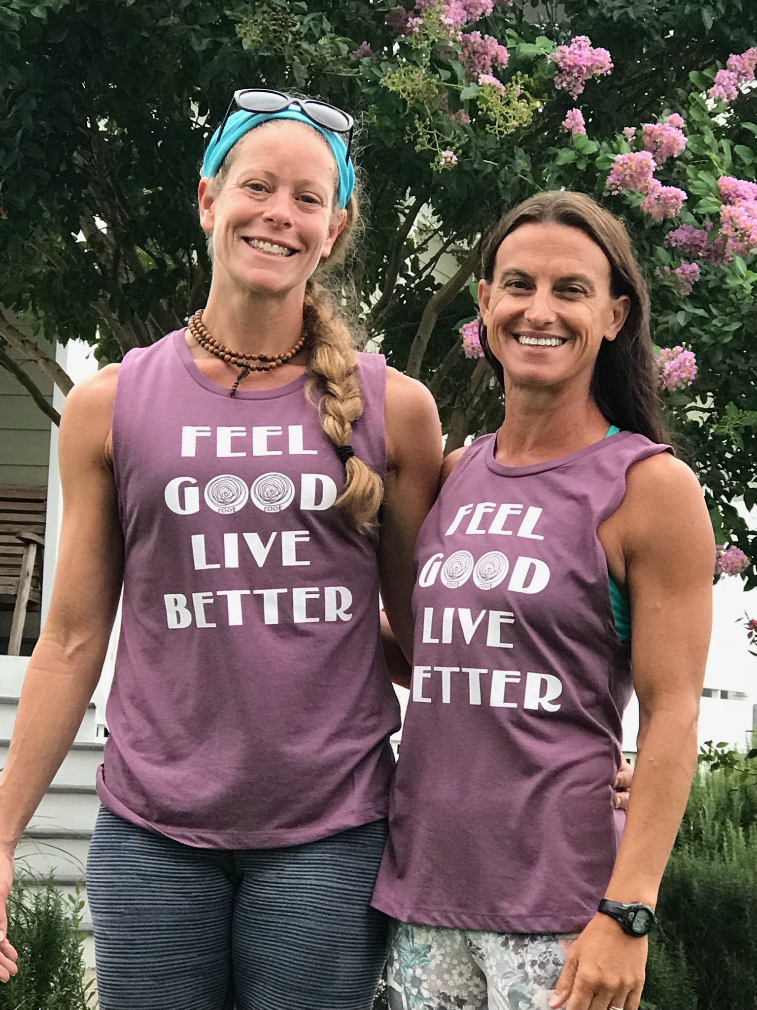 two women in feel good live better tshirts