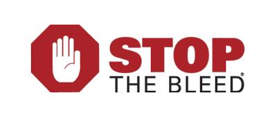 Stop The Bleed logo: A red octagon with a white handprint in the center, to the right of it are the words STOP THE BLEED in all caps with STOP in red and THE BLEED in black