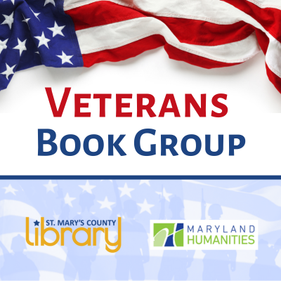 American Flag with text Veterans Book Group, SMCL and Maryland Humanities logos
