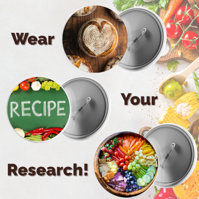 Three buttons featuring stuffed a loaf of bread, Recipe written on a chalkboard, and vegetables.