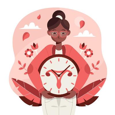 Illustration of a person holding a clock with a uterus in the center, with decorative floral elements and clouds in the background.