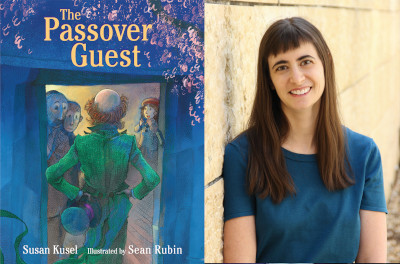 Book cover of The Passover Guest and photo of a woman with long dark hair in a blue shirt