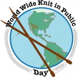World Wide Knit in Public Day, image of a globe with knitting needles across it